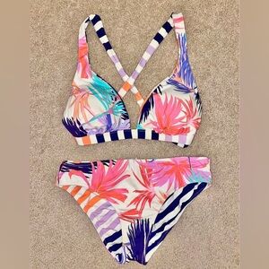 Hobie Reversible Tropical/Striped Bikini Set